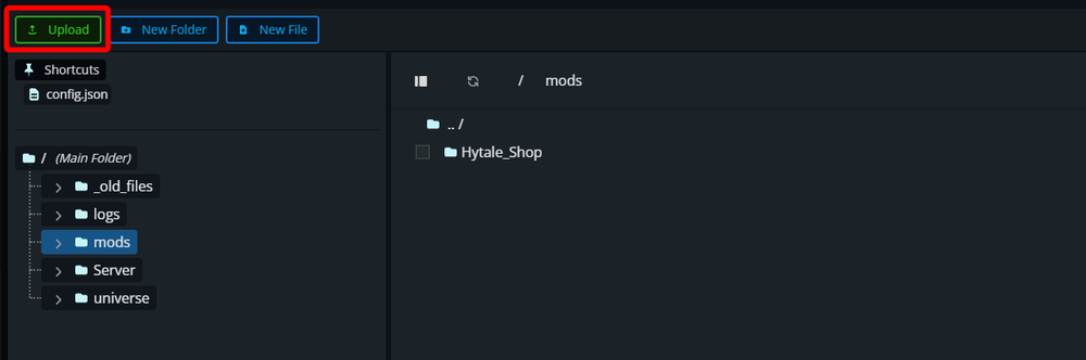 Uploading mod files to the Hytale server mods folder in the Nodecraft File Manager.
