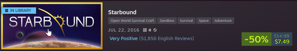 Steam Store page banner for Starbound showing key game art with an 