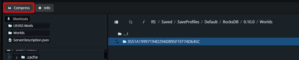 Nodecraft Windrose File Manager with a world folder selected and the Compress button highlighted.
