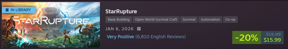 Steam Store page banner for StarRupture showing key game art with an 