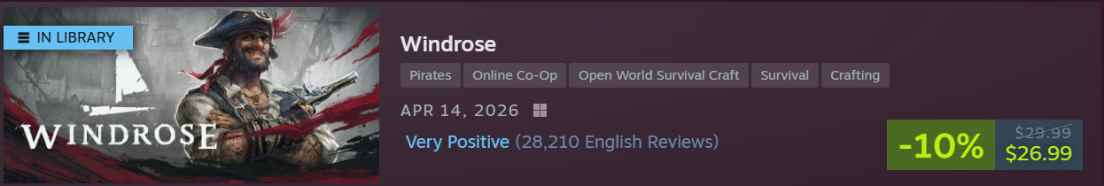 Steam Store page banner for Windrose showing key game art with an 