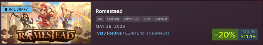 Steam Store page banner for Romestead showing key game art with an 
