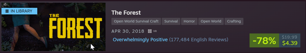 Steam Store page banner for The Forest showing key game art with an 