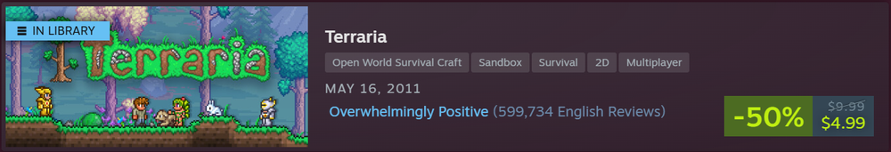 Steam Store page banner for Terraria showing key game art with an 