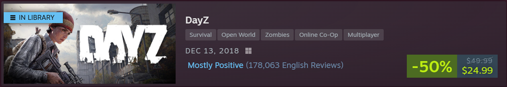 Steam Store page banner for DayZ showing a 50% discount price tag of $24.99 and a Mostly Positive user rating.