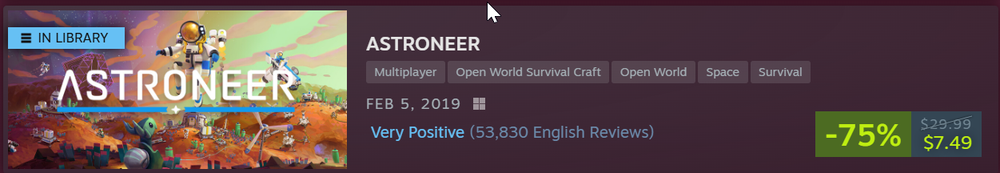 Steam Store page banner for ASTRONEER showing a 75% discount price tag of $7.49 and a Very Positive user rating.