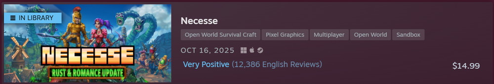 Steam Store page banner for Necesse showing key game art with an 