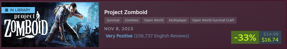 Steam Store page banner for Project Zomboid showing key game art with an 