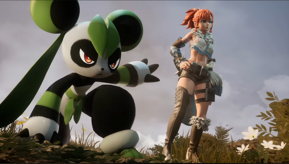 A new panda-like Pal showcased in the Palworld 1.0 trailer standing alongside a player character, appearing ready for combat with a martial arts-inspired design.