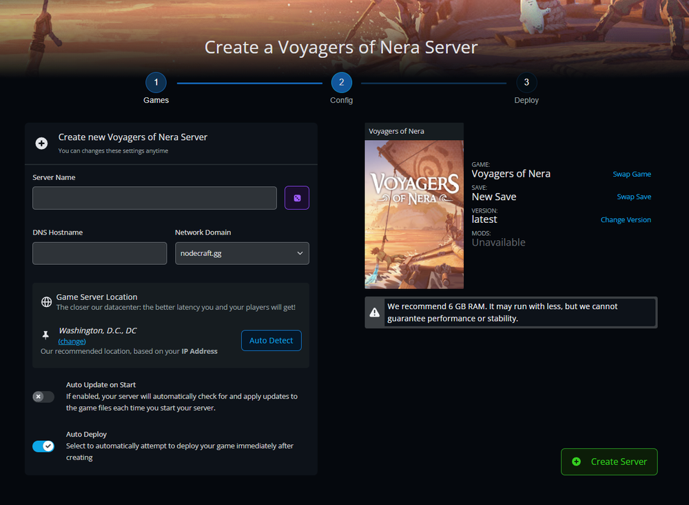 Screenshot of a server creation page for 