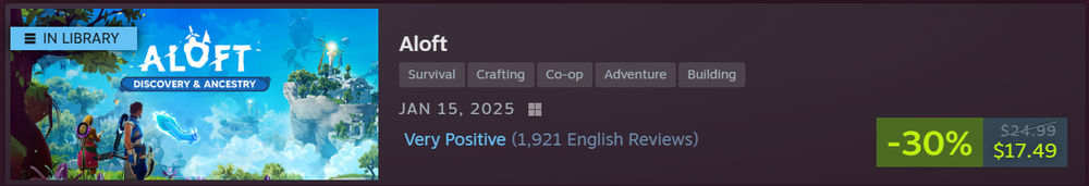 Steam Store page banner for Aloft showing a 30% discount price tag of $17.49 and a Very Positive user rating.