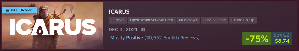 Steam Store page banner for ICARUS showing a 75% discount price tag of $8.74 and a Mostly Positive user rating.