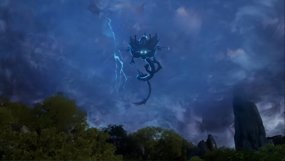 A massive dragon-like Pal soaring above the new Sky Islands during a storm, surrounded by lightning and dark clouds.