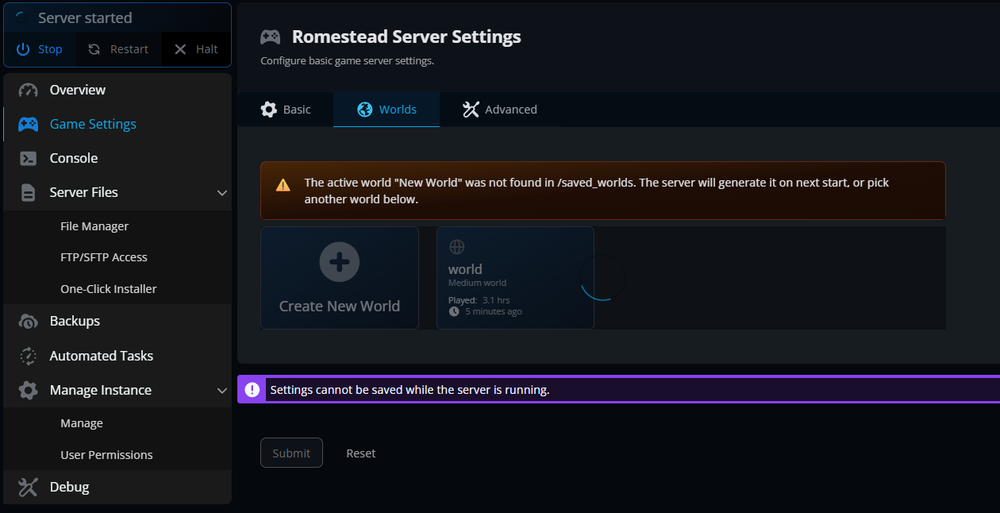 Romestead Server Settings Worlds tab in the Nodecraft control panel showing available worlds, world management options, and the Create New World button.