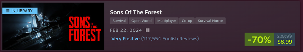 Steam Store page banner for Sons of the Forest showing key game art with an 