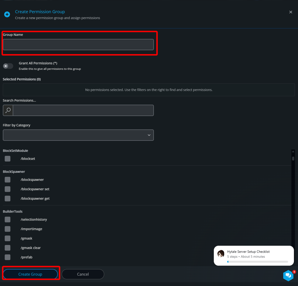 Creating a new permission group in the Nodecraft Hytale server dashboard.