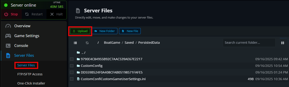 Server file management interface showing options to upload, create new folders, and view files with timestamps and file sizes.