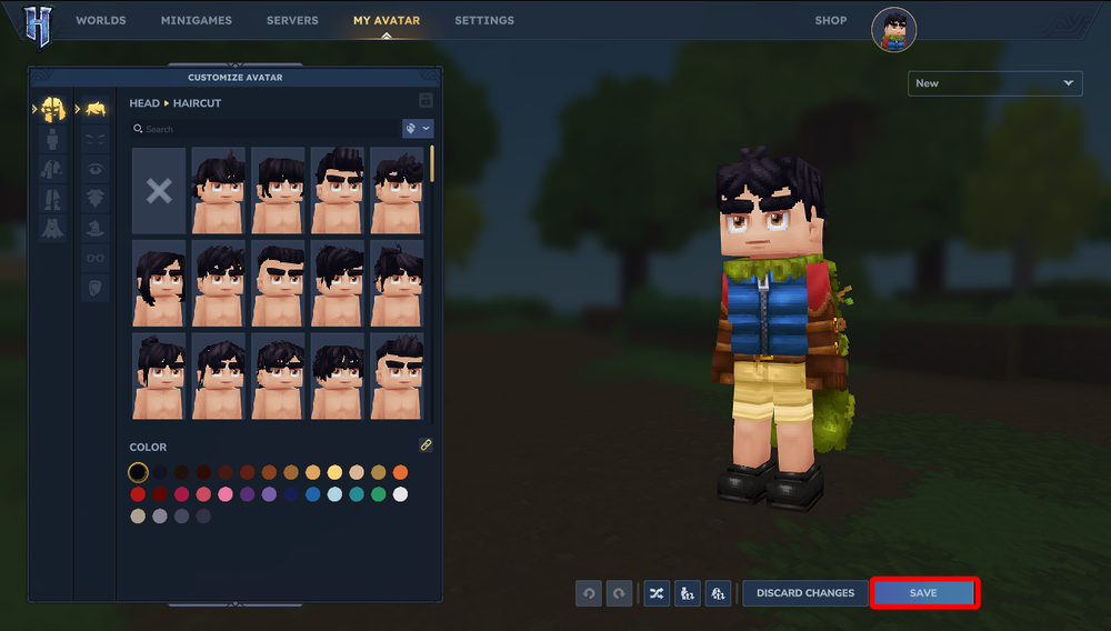 Hytale avatar customization screen highlighting the Save button after editing avatar appearance and outfit.