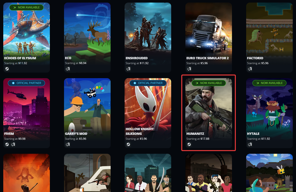 Grid of game cards on a dark storefront; titles include Echoes of Elysium, Eco, Enshrouded, Euro Truck Simulator 2, Factorio; HUMANITZ Now Available.