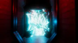 A glowing blue portal with intersecting light beams in a dark, narrow hallway with red and blue lighting.