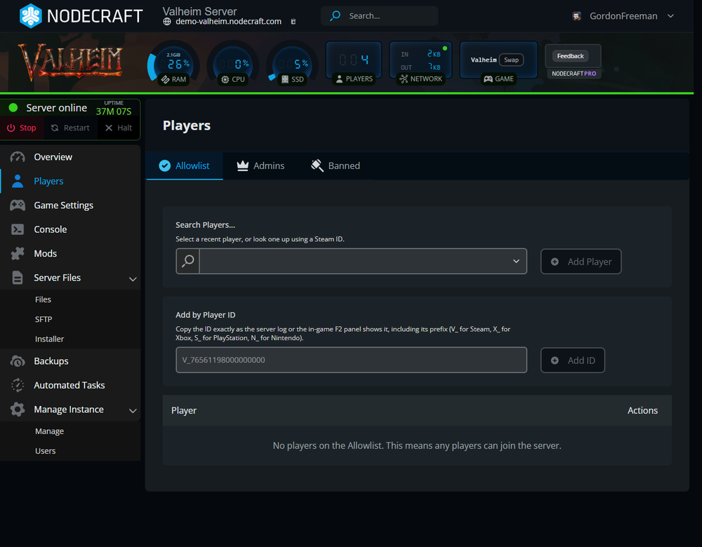 Nodecraft Valheim Players page showing Allowlist, Admins, and Banned player management tabs.