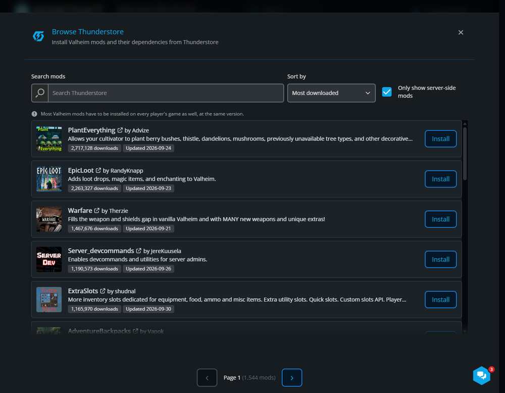 Browse Thunderstore menu in Nodecraft showing Valheim mods, server-side filtering, and install buttons.