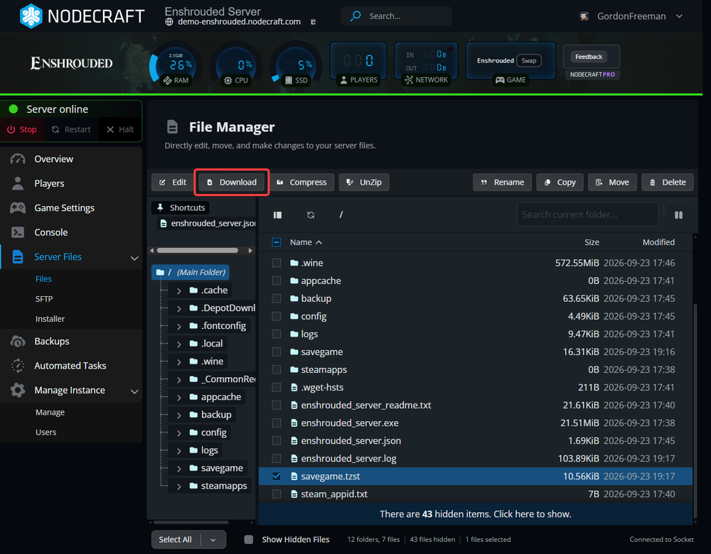 Nodecraft File Manager showing the compressed savegame.tzst archive selected with the Download button available to save the Enshrouded world locally.