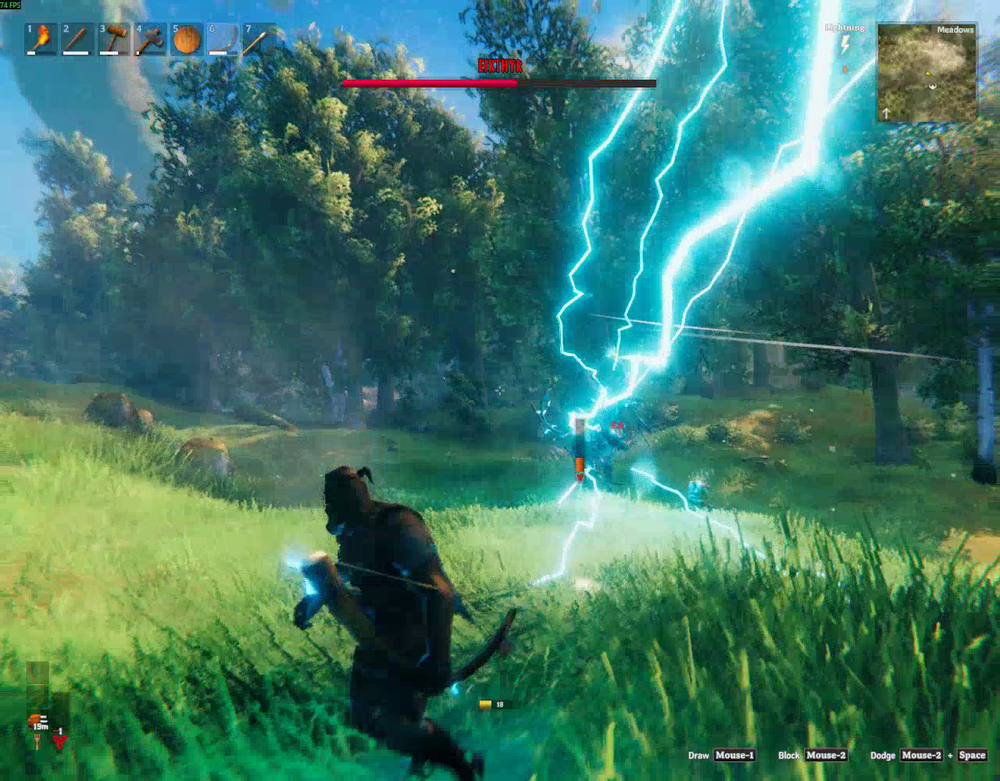 Eikthyr using a forward lightning attack against a player in Valheim.