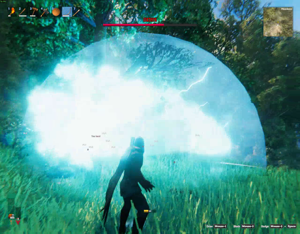 Eikthyr releasing an area lightning attack around himself during the boss fight.