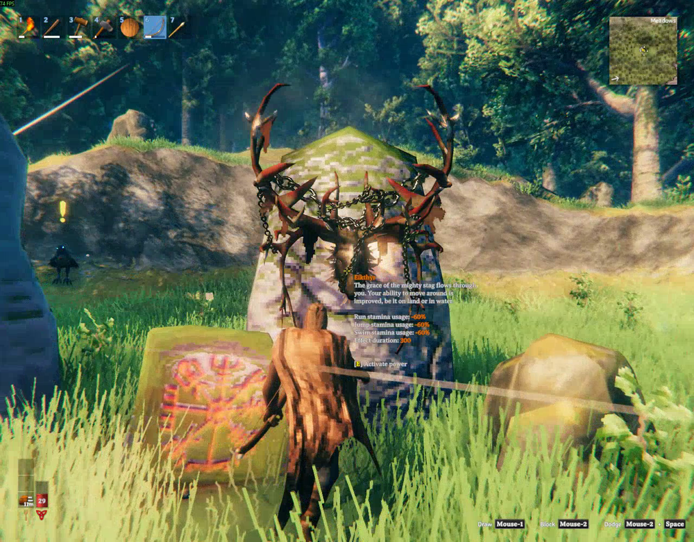 Eikthyr's Forsaken Power showing its running, jumping, and swimming stamina bonuses in Valheim.