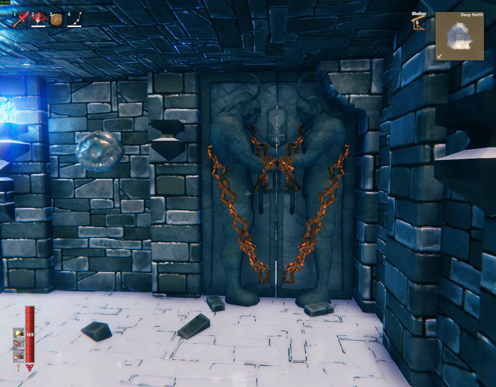 The chained entrance gate inside the Gates of Mörkhalla in Valheim.