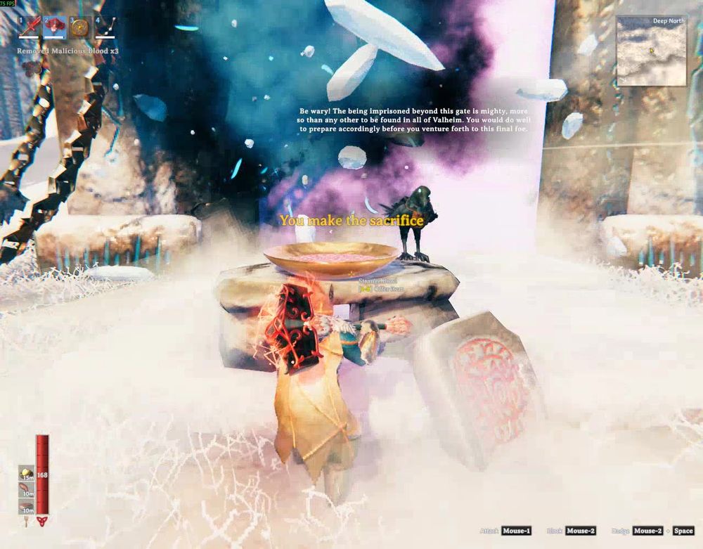 The Strange Bowl accepting three Malicious Blood to open the Aesir Passage in Valheim.