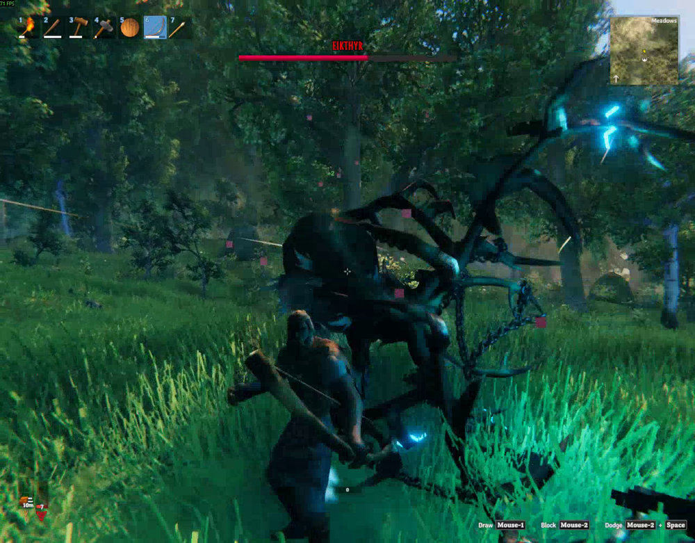 Eikthyr using a close-range antler attack during the boss fight in Valheim.