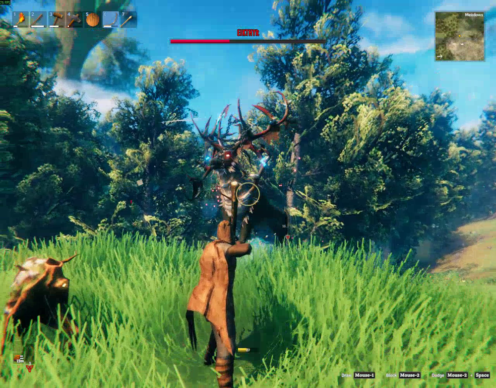 A player fighting Eikthyr with a bow in the Meadows biome in Valheim.