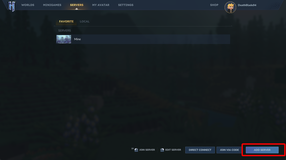 Hytale launcher showing the Servers tab with a saved multiplayer server.