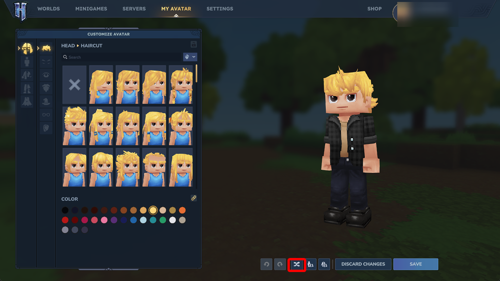 Hytale avatar customization screen showing the avatar randomize button highlighted.