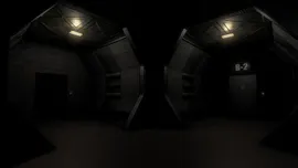 Dimly lit, industrial hallway with dark walls and two doors labeled "B-2" on the right. Overhead lights cast shadows on the floor.