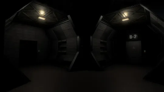 Dimly lit, industrial hallway with dark walls and two doors labeled "B-2" on the right. Overhead lights cast shadows on the floor.