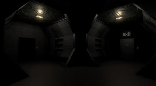 Dimly lit, industrial hallway with dark walls and two doors labeled "B-2" on the right. Overhead lights cast shadows on the floor.