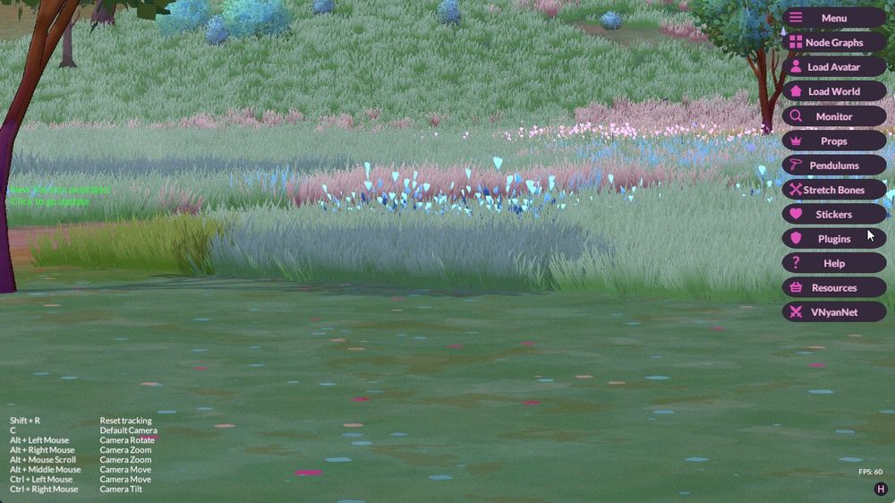 Stylized 3D meadow with pastel grasses and wildflowers, overlaid by a vertical purple UI menu on the right and camera controls text bottom-left.