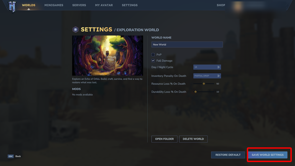 Hytale world settings screen showing the Save World Settings button.