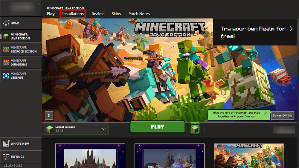Minecraft Java Edition launcher home screen with the Installations tab highlighted.