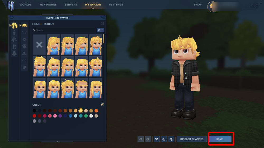 Hytale avatar customization screen with the Save button highlighted.