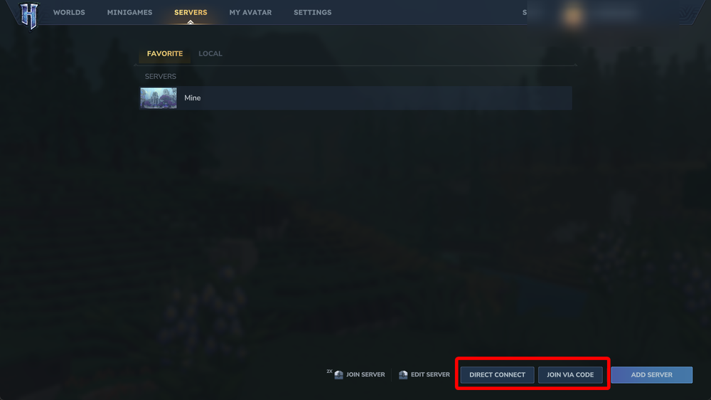 Hytale Servers menu showing the Direct Connect and Join via Code buttons highlighted.