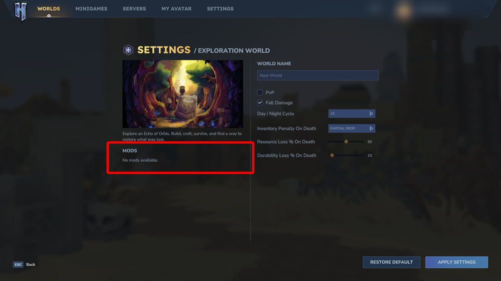 Hytale world settings screen showing the Mods section for enabling mods.