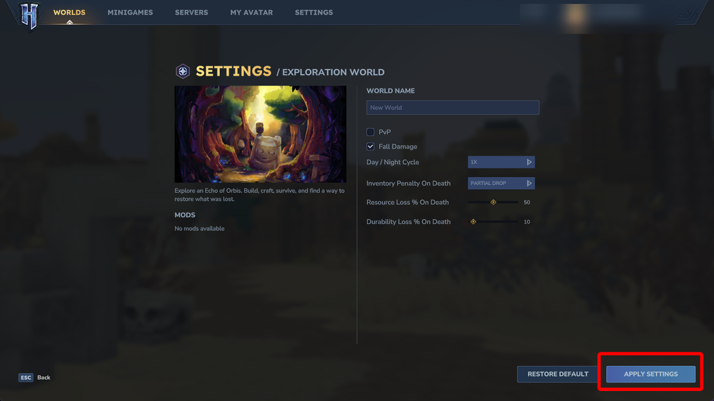 Hytale world settings screen showing the Apply Settings button.