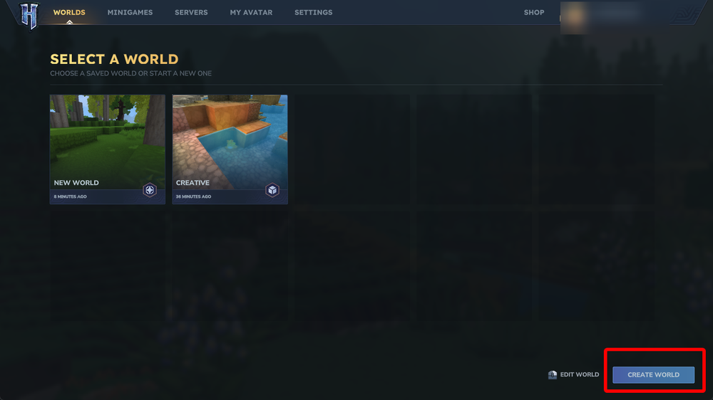 Hytale world selection screen with the Create World button highlighted.
