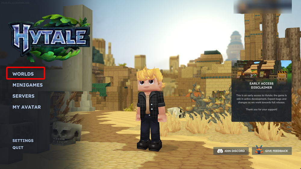 Hytale main menu with the Worlds option highlighted.