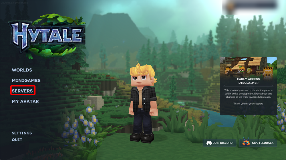 Hytale main menu with the Servers option highlighted.