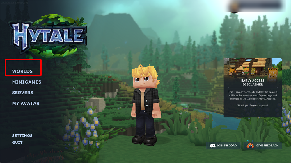 Hytale main menu showing the Worlds option selected.